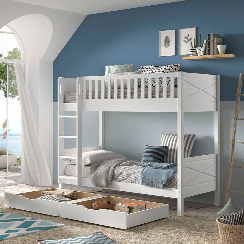 Lit superposé enfant blanc 2 places avec deux tiroirs de rangement