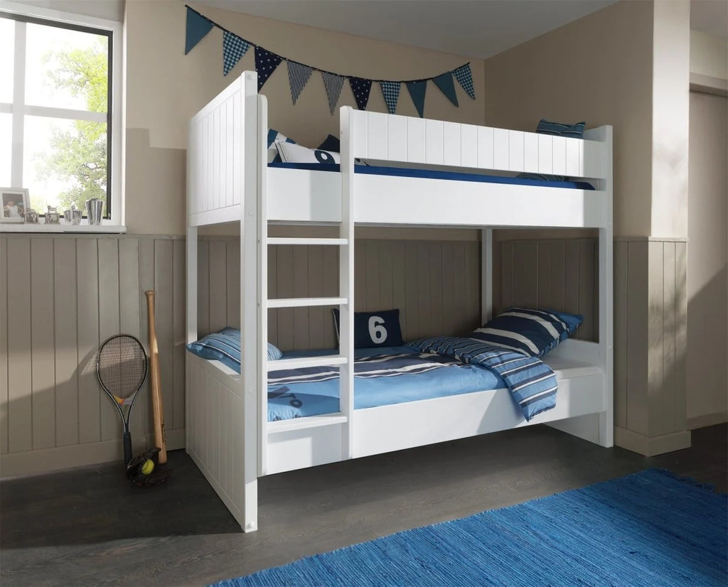 Lit superposé enfant blanc 90x200 cm en MDF et pin massif avec sommier inclus