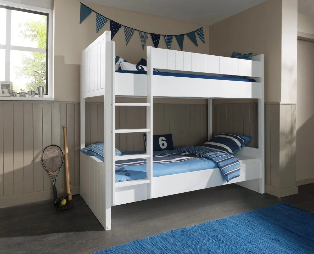 Lit superposé enfant blanc 90x200 cm en MDF et pin massif avec sommier inclus