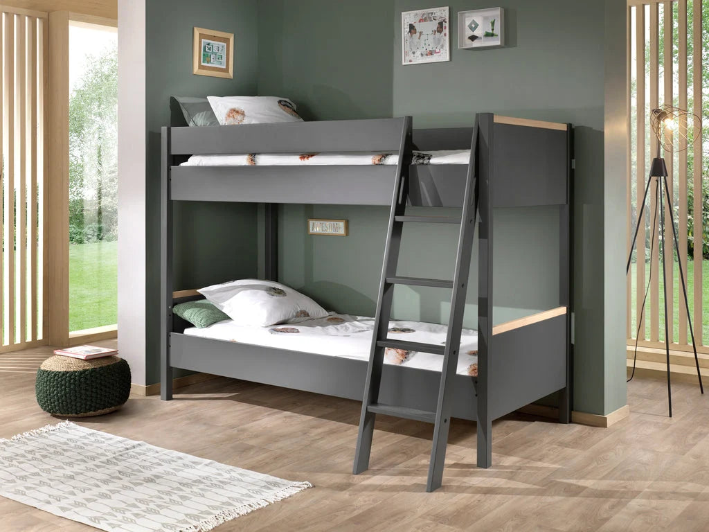 Lit superposé enfant gris anthracite 90x200 cm en pin massif avec sommier inclus