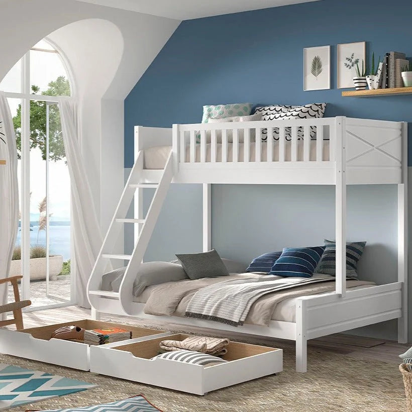Lit superposé enfant blanc 3 places avec deux tiroirs de rangement