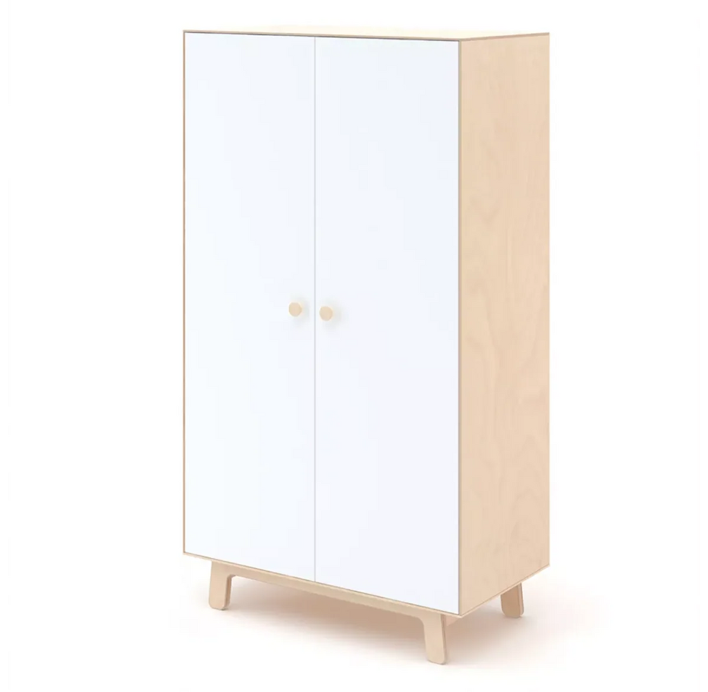Armoire enfant blanc et bois avec penderie et étagères réglables