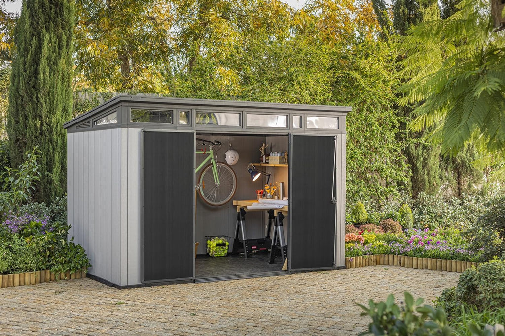 11 x 7 ft Resin Outdoor Storage Shed - Grey & Black Garden Shed Kit for Tools and Patio Storage