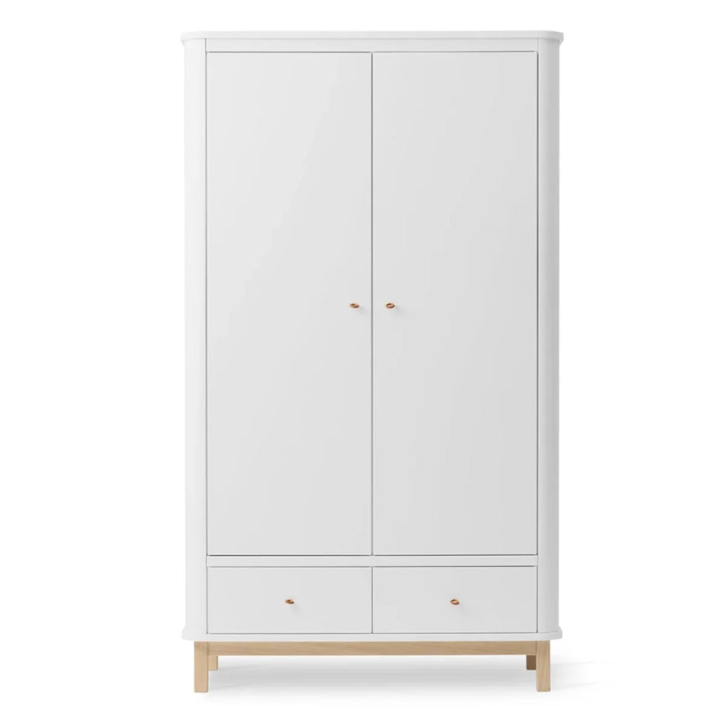 Armoire blanc et chêne 2 portes avec penderie, tiroirs et étagères ajustables